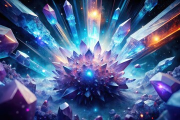 Radiant Crystal Cluster in a Celestial Expanse A Mystical Formation of Gemstone Structures with Glowing Energy Beams