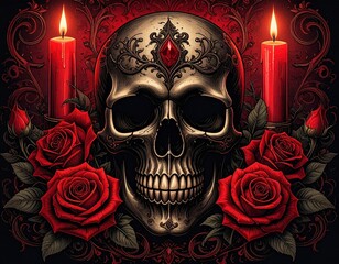 Gothic Still Life with Skull and Candles. Generated image