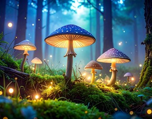 Glowing Fantasy Mushrooms in Enchanted Forest. Generated image