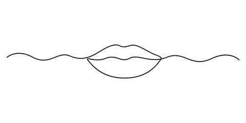Continuous single line drawing of mouth and lips, Minimal design element for print, banner, Valentine’s card, wall art poster, brochure, postcard. Vector illustration