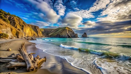 Serene Coastal Scene Dramatic Cliffs, Azure Waters, and Driftwood on a Sandy Shore Under a Vibrant Sky