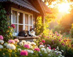 Sunny Morning by the Window with Garden View and a cat. Generated image