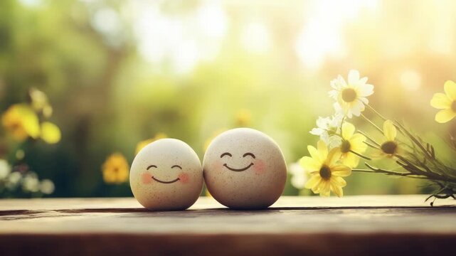 Two smiling face eggs on wooden surface with yellow flowers in bright outdoor setting