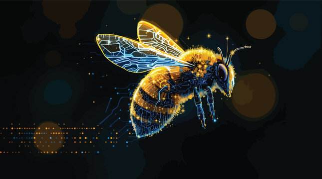 Futuristic digital bee artwork depicting technology integration in the natural world.