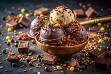 Scrumptious Chocolate and Vanilla Ice Cream Scoops in a Wooden Bowl, Adorned with Assorted Colorful Candies and Cocoa Powder, Surrounded by Chocolate Pieces and Berries