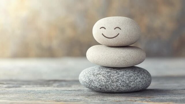 Stacked smiling stones on weathered wooden surface, symbolizing calmness and balance