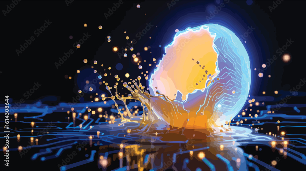 Poster glowing cyber sphere exploding with electrical circuitry and sparkling particles on dark background.
