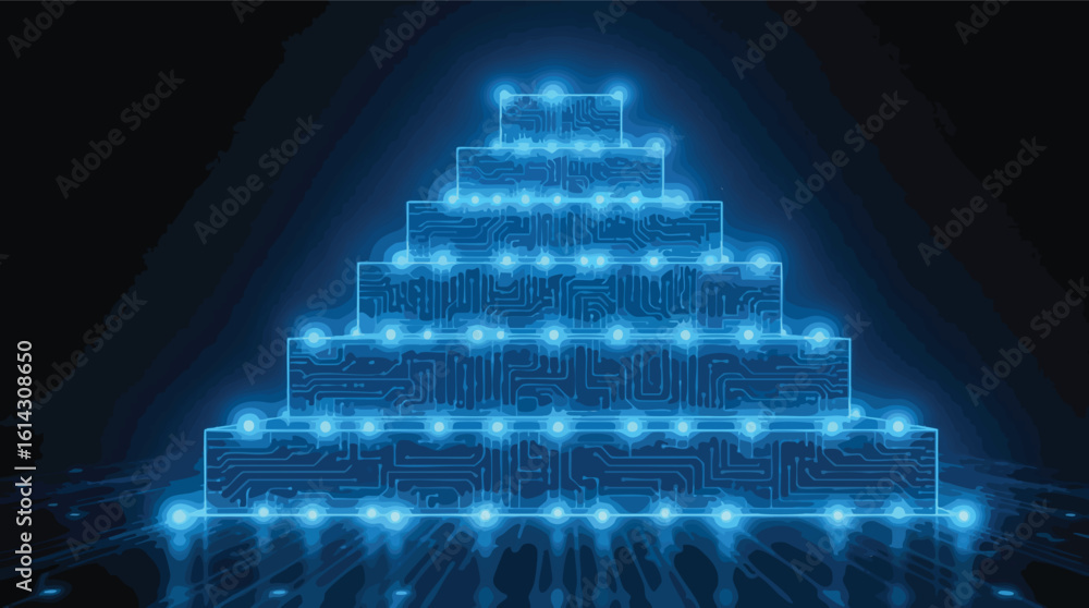Poster glowing circuit board pyramid representation of technology data structure on a dark background.
