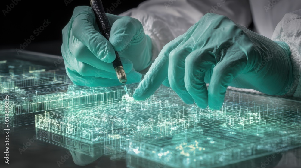 Poster gloved scientist meticulously adjusts settings on a vapor writer, working with a projected blueprint