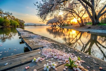 Serene Sunset Over Water, Wooden Dock Adorned with Delicate Pink Blossoms and Petals