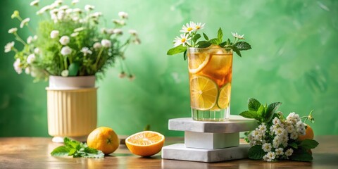 Refreshing Iced Tea with Citrus and Flowers on Wooden Surface