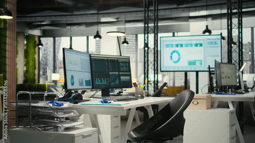 Poster empty corporate workstations with computers running financial diagnostics for forecasting, planning 