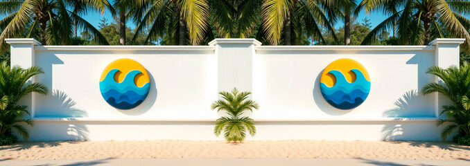 Tropical resort entrance with wave wall art and palm trees, evoking a sense of relaxation and paradise
