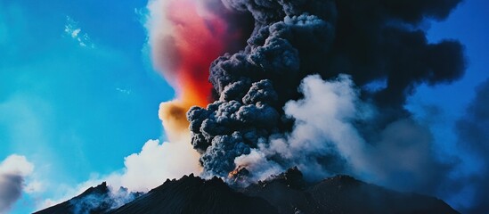 Dramatic volcanic eruption with billowing smoke and ash against a vibrant sky