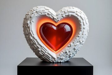 Modern heart-shaped sculpture with intricate details, featuring a glowing red core, symbolizing love and art
