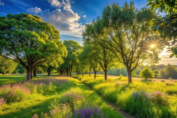 Sunlit Meadow Path Through a Grove of Lush Green Trees at Sunset