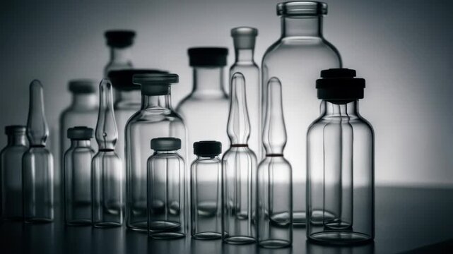 Close-up of clear glass bottles and vials for medical research and vaccine development in science or pharmaceutical laboratory, empty containers