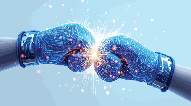 Two futuristic boxing gloves clashing depicting digital technology and powerful connection.
