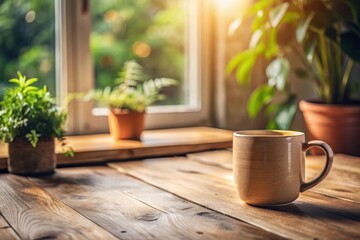 A Rustic Wooden Table with a Warm Mug, Sunlight Streaming Through a Window, and Lush Greenery