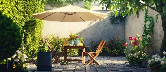 Charming Outdoor Seating Area with Umbrella and Lush Greenery, Inviting and Relaxing