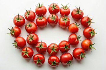 A vibrant ring of ripe red tomatoes arranged on a pristine white background, creating a visually appealing and appetizing composition.