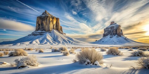 Majestic Winter Landscape Featuring Two Imposing Rock Formations Under a Dramatic Sky