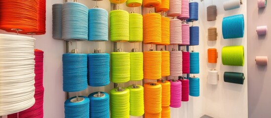 Display of Colorful Spools of Thread on a Wall for Sewing Projects