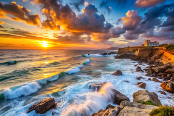 A mesmerizing sunset over the coast of Cadiz in Tarifa. Waves crash onto rocky shores as the sky transitions from day to dusk, creating a serene yet dramatic seascape