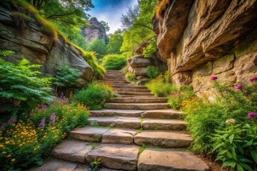 Stone Steps Ascending Through a Vibrant Garden Encased by Majestic Rock Formations Under a Serene Sky