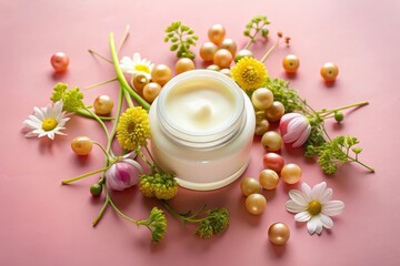 Jar of cream surrounded by blossoms and small fruit on a pink background