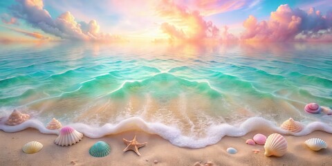 Serene Seascape Pastel Sunset Hues Over Gentle Ocean Waves Caressing a Sandy Shore Adorned with Seashells and Starfish
