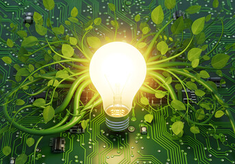 Green technology and sustainable energy innovation, a conceptual illustration of a circuit board growing like plant vines around a glowing lightbulb.