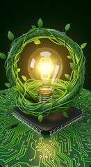 Green technology and sustainable energy innovation, a conceptual illustration of a circuit board growing like plant vines around a glowing lightbulb.