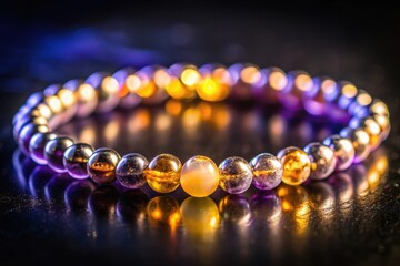 Elegant beaded bracelet with gemstone accents, reflecting light on a dark surface