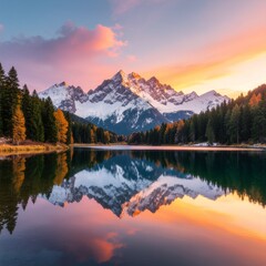 Fototapeta premium Still lake reflecting snowy mountains under a colorful sunset sky. Calm and breathtaking landscape scene.