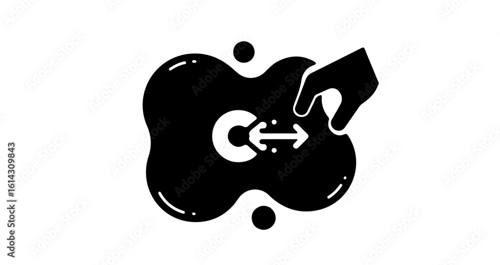 Poster interface icon illustration of hand touching a black blob with a c and arrows inside for manipulatio