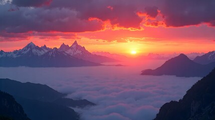 Vibrant Sunrise Above Cloudy Mountain Valley