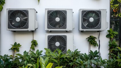 Multiple air conditioning units installed on a wall surrounded by plants
