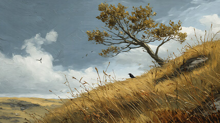 Obraz premium Golden Hillside Landscape with Solitary Tree Under a Cloudy Sky and a Black Bird