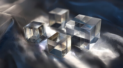 Translucent acrylic cubes in radial tension over fabric grid