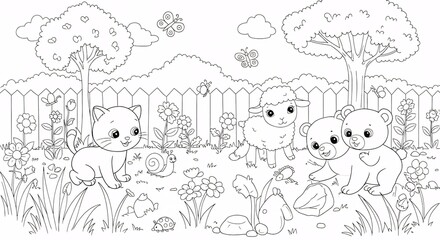 Obraz premium Cute Animals in a Garden Coloring Page