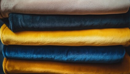 A Neatly Stacked Pile of Luxurious Velvet Fabrics in Varied Colors