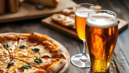 Delicious pizza with frothy glass of beer on wooden table