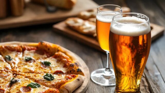 Delicious pizza with frothy glass of beer on wooden table