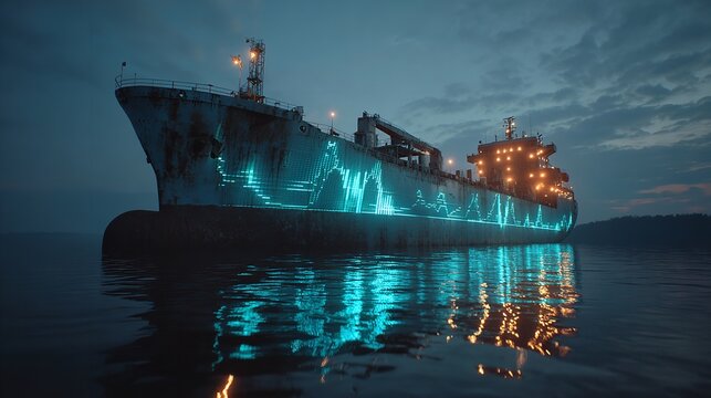 Cargo Ship at Twilight with Digital Financial Graph

