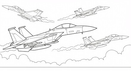 Fototapeta premium Formation of Fighter Jets in Flight Coloring Page