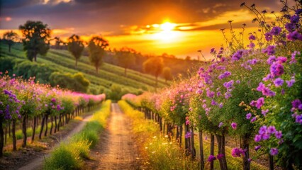 Golden Hour Serenity Vibrant Blossoms Along a Rustic Path at Sunset