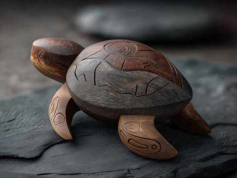 Hand-carved turtle figure with abstract map-like designs etched into the shell