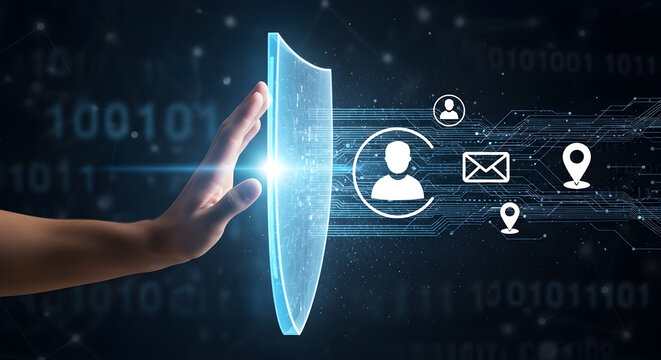 Cybersecurity and data privacy concept, a digital shield protecting a stream of personal user data icons from an unauthorized hand.