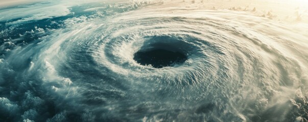 Aerial view of a massive hurricane with swirling clouds and a distinct eye symbolizing the power of nature and weather phenomena